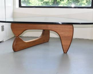 Isamu Noguchi Style Accent Coffee Table With Heavy Glass Top