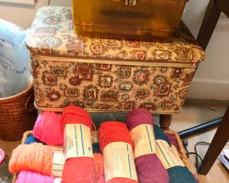 Vintage sewing box/stool and 80’s unused yarn