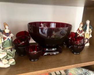 Ruby glass punch bowl set