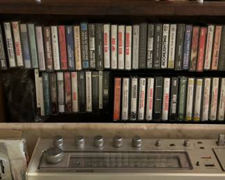 Multiple Turntables, Vinyl Records (33RPM & 45RPM), 8 Track Tapes, Cassette Tapes and CD's.