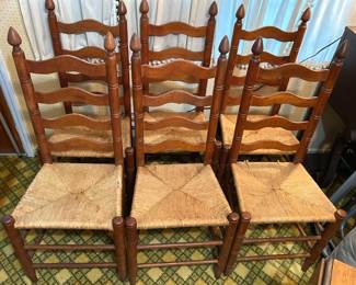 Drop Leaf MCM Dining Room Table w/ Six Ladderback Wicker Chairs