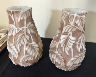 Pair of Phoenix Art Glass Philodendron Brown Shadow Vases