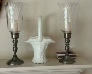Pewter candle holder, milk glass vase.