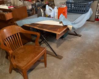 Utility table, oak chair, laundry baskets w/products, metal racks.