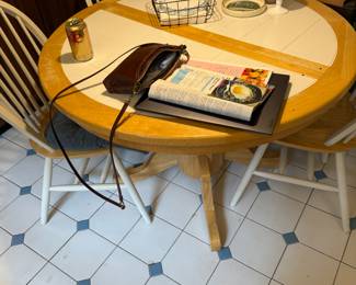 Table, 4 chairs, milk glass nut bowl