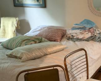 Queen mattress, frame, bedding, mirror and wall pictures.