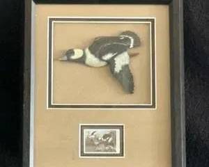 Framed Artwork of a Bird with Stamp
