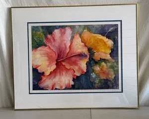 Framed Watercolor Hibiscus Painting by Jan Gilson