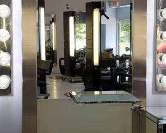 Full Length Brushed Metal Framed Mirror With Attached Mirrored Shelf/Tray
