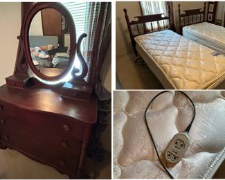 Antique solid wood bedroom set with two twin beds with adjustable bases added, and dresser with swivel mirror