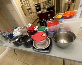 Pots, pans, bowls, cups, plastic containers.
