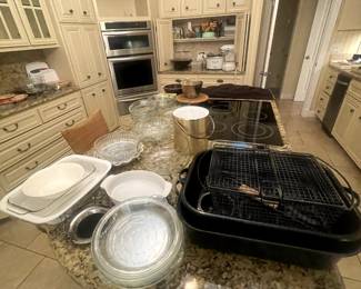 Kitchen pots, pans, ice bucket, glass dishes, wok, Kitchen Aid mixer, George Foreman grill, food processor, molds, cookie cutters