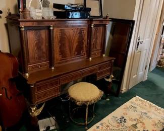 French desk/whatnot with gilt trim, metal stool