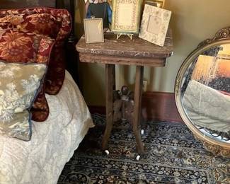 Marble and walnut antique side table, mirror