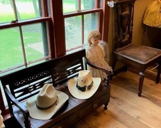 Child's bench with drawers, two cowboy hats