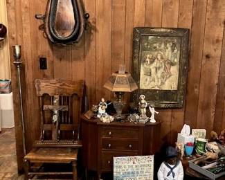 Martha Washington sewing cabinet, Yeti soft sided cooler, antique horse collar/mirror