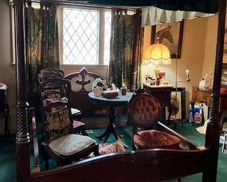 Tester bed  adapted to fit a Queen mattress, antique round side table and Victorian side chair