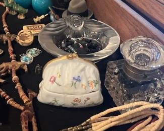Lalique ashtray, antique crystal ink bottle, Victoria porcelain purse, tiny Chinese mud ducks, Stetson antique hat/box...vintage gift card