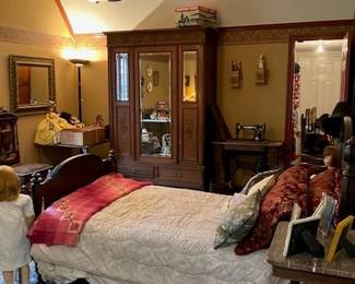 Antique wardrobe, twin bed, marble antique side tale, nice wall mirror
