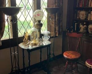Large antique brass/metal candle/bowl stands, antique lamp, piano stools