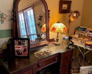Antique vanity, Emerson fan, toys