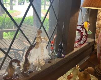 Murano ducks, woman, bird and clown.  Red cut to clear Bavarian glass