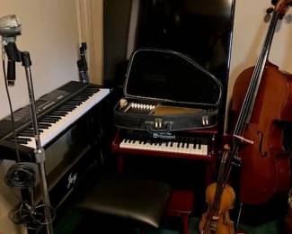 Cello w/case; student violin; electric keyboard; red child's Schoenhut 25 key first piano/stool