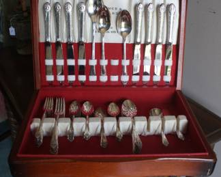 Vintage Holmes and Edwards Flatware Set "Youth" (46 pcs)- $100. Comes in a lined wood presentation chest with anti-tarnish felt interior. Elegant design, perfect for special occasions or vintage-inspired table settings.