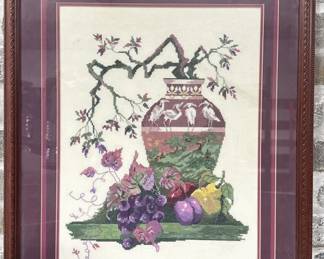 Framed Cross Stitch Fruit and Flowering Vine