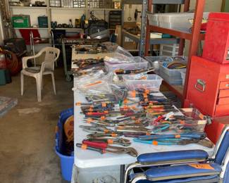 Tools by the tableful, huge tools, small tools, cutting, prying, snipping, crimping, screwing, drilling, and hammering tools. Battery, corded, gas powered, heating and cooling, lawn and auto, if there is a tool it must be here!