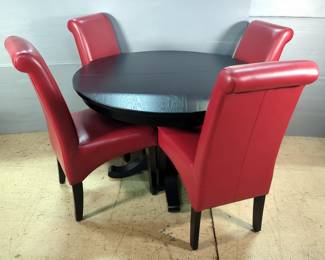 Grandin Road Round Black Dining Table with Four Red Upholstered Chairs