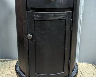 Black Wooden Round End Table With Drawer and Door