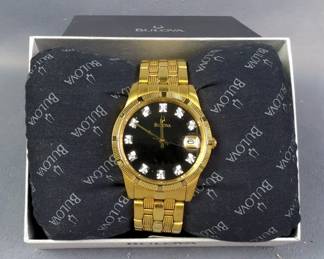 Bulova Gold Toned Stainless Steel Watch With Hour Diamond Accents, In Box With Spare Links And Owner's Guide