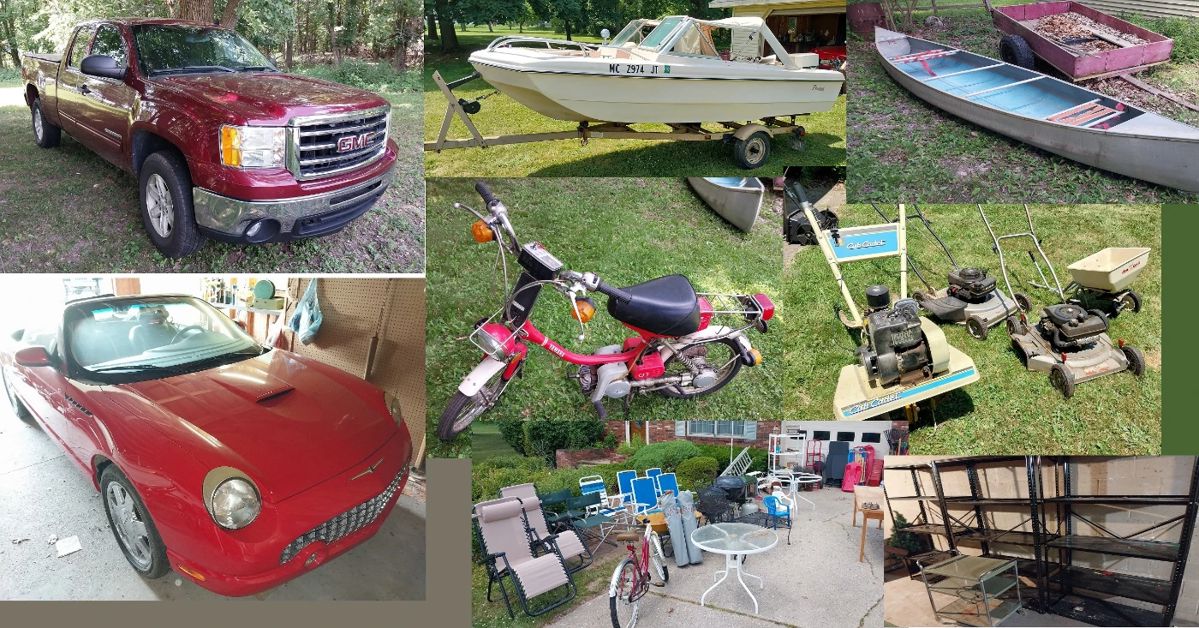 2013 GMC extended cab Sierra, 2002 Ford Thunderbird convertible, 1980 Yamaha QT50 moped, 1973 Renken 15’ speed boat, lawn trailer, Browning Apache 17 canoe, 2013 GMC extended cab Sierra, 2002 Ford Thunderbird convertible, 1980 Yamaha QT50 moped, 1973 Renken 15’ speed boat, lawn trailer, Browning Apache 17 canoe, Weber charcoal grill, Coleman outdoor fireplace, chaise lounge, oversized camp chairs, zero gravity recliners, Coleman folding camp chairs, folding chairs, Thruster City Cruiser bike, sleds, shelving