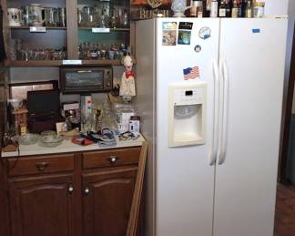 fridge, Budweiser steins and glasses, Anheuser-Busch sign, Spartus pocket watch style beer clock, Owosso, Curwood glasses