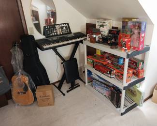 Esteban acoustic electric guitar and amp, Yamaha EZ 150 keyboard, Coke