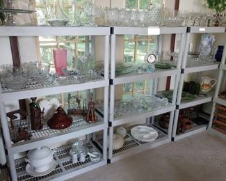 crock pots, Cuisinart mini prep, Hamilton beach electric kettle, coffee pots, Rival electric skillet, Magic Bullet, Fostoria American glassware, Waterford bowl, Orrefors bowl, Early American press cut boats, Johnson Brothers tea set