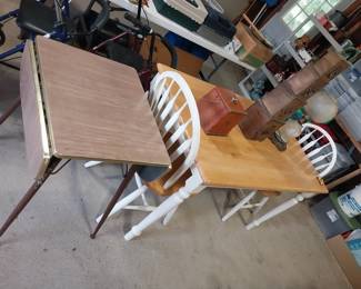 drop leaf table, maple top table and chairs