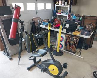 Tasco telescope, Golds Gym exercise bike, Weslo treadmill, croquet, target
