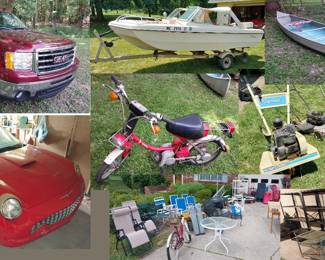 2013 GMC extended cab Sierra, 2002 Ford Thunderbird convertible, 1980 Yamaha QT50 moped, 1973 Renken 15’ speed boat, lawn trailer, Browning Apache 17 canoe, 2013 GMC extended cab Sierra, 2002 Ford Thunderbird convertible, 1980 Yamaha QT50 moped, 1973 Renken 15’ speed boat, lawn trailer, Browning Apache 17 canoe, Weber charcoal grill, Coleman outdoor fireplace, chaise lounge, oversized camp chairs, zero gravity recliners, Coleman folding camp chairs, folding chairs, Thruster City Cruiser bike, sleds, shelving