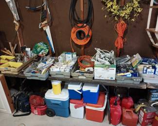gas cans, tools, extension cords, coolers