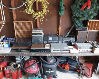shop vacs, Sony Beta, 8 track player, 8 tracks, vintage Panasonic, boom boxes, speakers, record player, chainsaw, gas cans