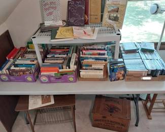 Anheuser Busch wooden case, books, DVDs