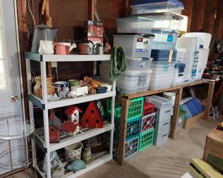bird houses, planters, totes, crates, water cans, garden art