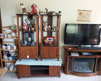 Vizio TV, Magnavox dvd, Sony blu ray, Insignia soundbar, electric fireplace, curio shelf, mugs, ducks, dog decor