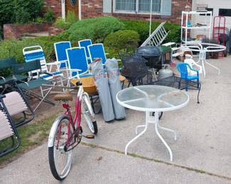 Weber charcoal grill, Coleman outdoor fireplace, chaise lounge, oversized camp chairs, zero gravity recliners, Coleman folding camp chairs, folding chairs, Thruster City Cruiser bike, sleds, ramps, 2 wheel cart, ladder, wheelbarrow