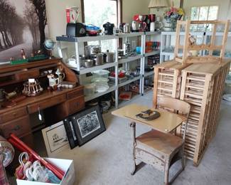 cast iron banks, roll top desk, wine racks, school desk, wall art, pipes, shoe shine