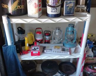 Wagner cast iron pans, lanterns, wood boxes