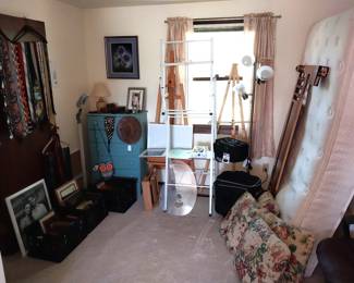 queen size bed, dresser, art easel, ties, paint pallet, picture frames, art bags, Bob Ross