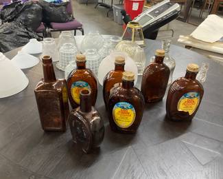 Glass Log Cabin Syrup Bottles - Wheaton Glass Works Horseshoe Bitters Bottle - 1960's Gold Scribble Bottle 